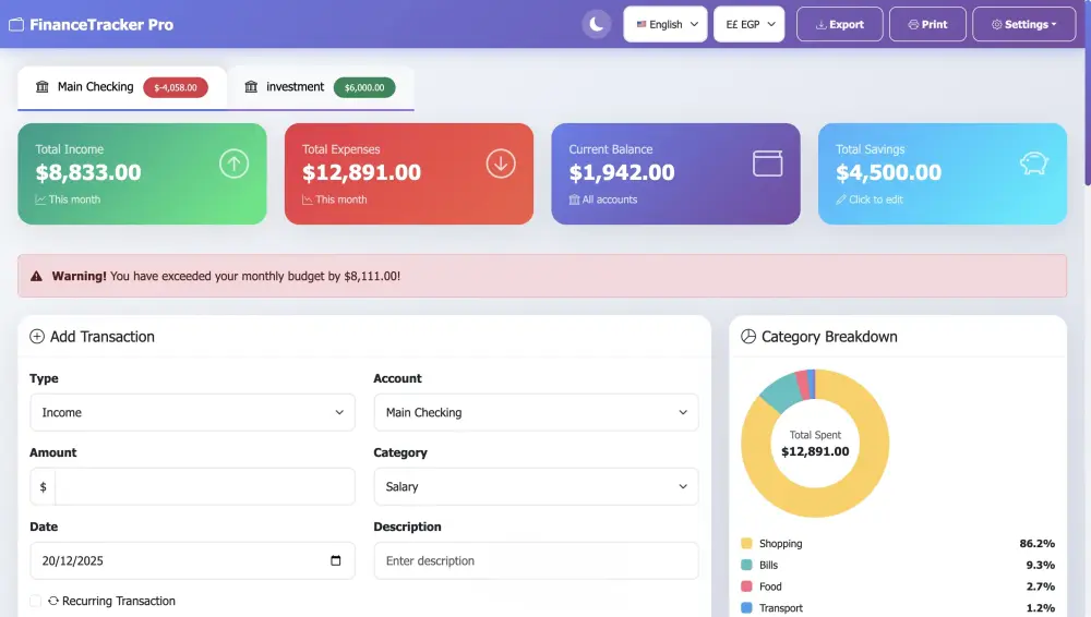 تصميم Dashboard لإدارة المصروفات والدخل باستخدام HTML و Boot