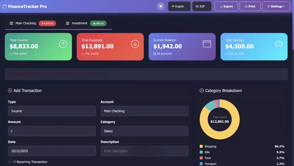 تصميم Dashboard لإدارة المصروفات والدخل باستخدام HTML و Boot
