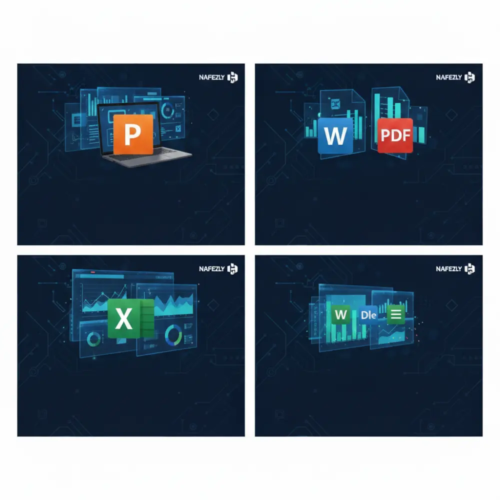تصميم عروض تقديمية: "تصميم عروض تقديمية (PowerPoint) احترافية وجذابة." تنسيق ملفات: "تنسيق وتحويل ملفات Word و PDF وتصميم نماذج احترافية." إكسل: "إنشاء جداول إكسل احترافية، تنظيم بيانات، ومعادلات متقدمة."