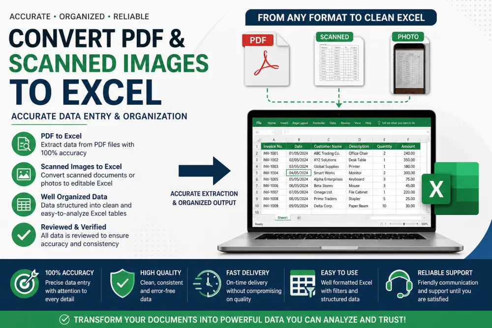 تحويل ملفات PDF والصور إلى Excel منظم بدقة واحترافية (Accurate Data Entry)
