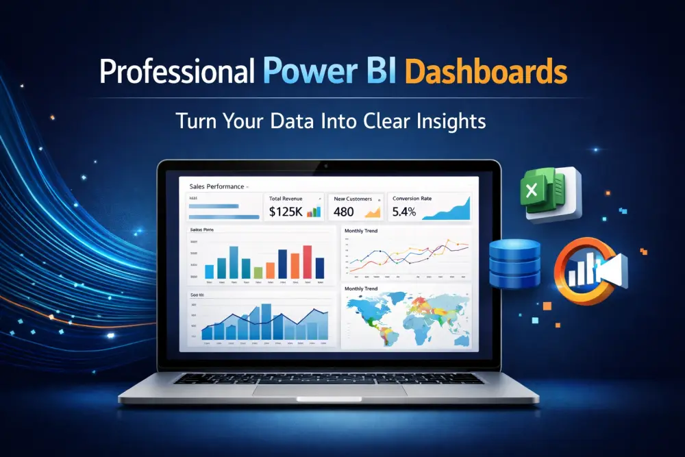 "تصميم لوحة تحكم Power BI احترافية لتحويل بياناتك إلى Dashboard تفاعلية تدعم اتخاذ القرار وتحليل أعمالك ومبيعاتك بدقة"