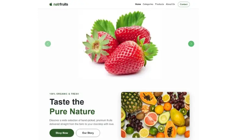 سأقدم لك  صفحة واحدة landing page لتصميم وتطوير واجهة موقع متجر إلكتروني بسيط واحترافي لعرض المنتجات الغذائية أو الفواكه والخضروات باستخدام React.js و Bootstrap.