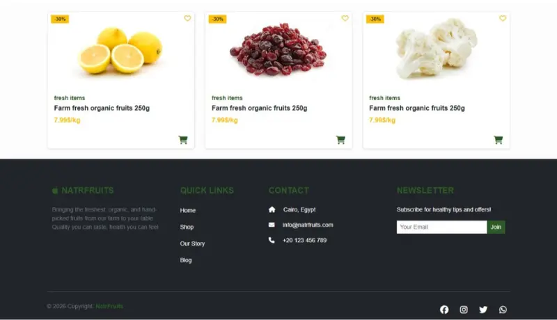 سأقدم لك  صفحة واحدة landing page لتصميم وتطوير واجهة موقع متجر إلكتروني بسيط واحترافي لعرض المنتجات الغذائية أو الفواكه والخضروات باستخدام React.js و Bootstrap.
