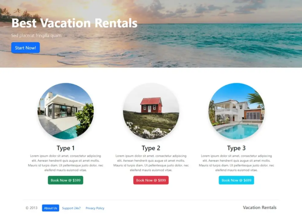 سأصمم لك صفحة هبوط متجاوبة لموقع حجز فيلات أو خدمات سياحية باستخدام React و Bootstrap، تشمل عرض حتى 3 باقات أو أنواع إقامة، مع أزرار حجز وتواصل وتصميم مناسب لجميع الأجهزة.