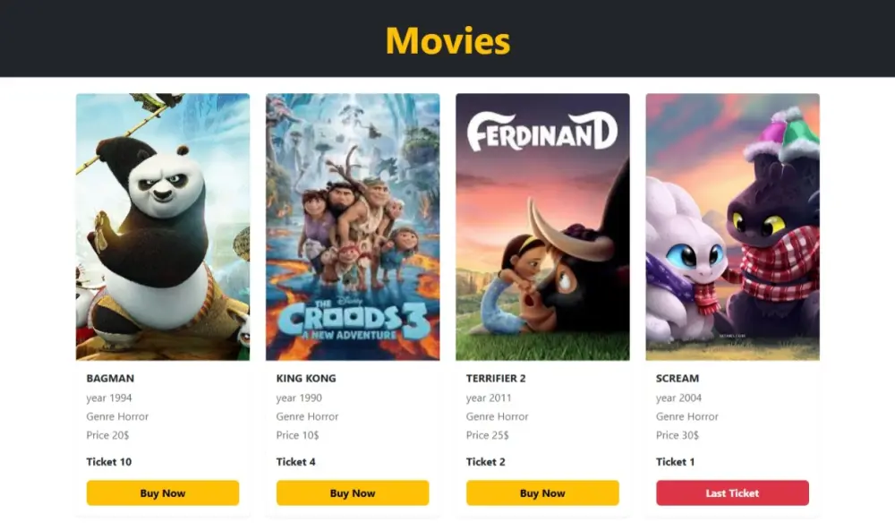 سأقوم بتصميم وتطوير موقع أفلام متجاوب باستخدام React للواجهة وExpress للباك إند، لعرض أفلام مع بيانات الفيلم وعدد التذاكر وزر شراء بشكل منظم.