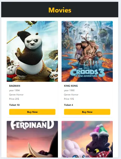 سأقوم بتصميم وتطوير موقع أفلام متجاوب باستخدام React للواجهة وExpress للباك إند، لعرض أفلام مع بيانات الفيلم وعدد التذاكر وزر شراء بشكل منظم.