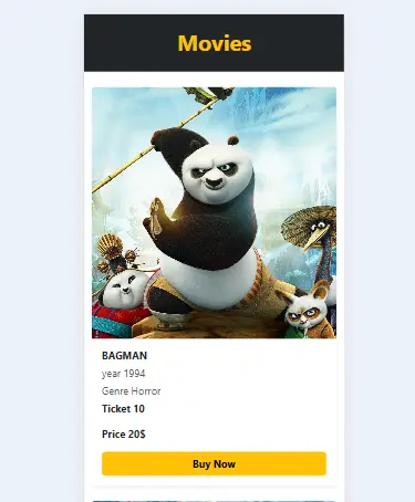سأقوم بتصميم وتطوير موقع أفلام متجاوب باستخدام React للواجهة وExpress للباك إند، لعرض أفلام مع بيانات الفيلم وعدد التذاكر وزر شراء بشكل منظم.