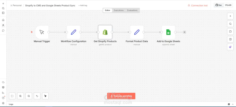 أتمتة مزامنة منتجات Shopify مع Google Sheets باستخدام n8n .