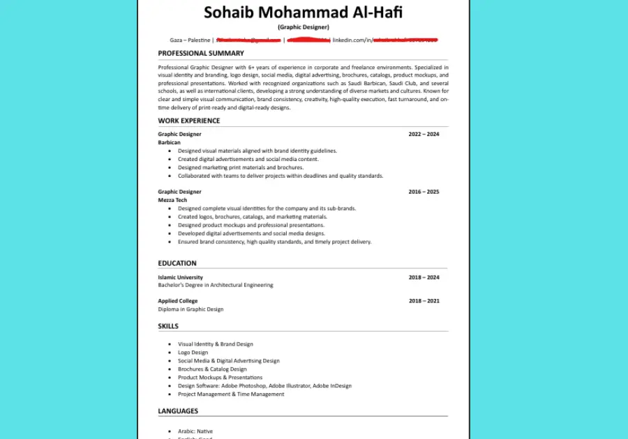 كتابة سيرة ذاتية احترافية بالعربية و الإنجليزية وفق ATS