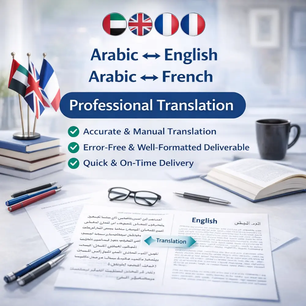 ترجمة احترافية ودقيقة للنصوص بين العربية والإنجليزية والفرنسية مع مراجعة لغوية وتسليم منسّق وجاهز للاستخدام.
