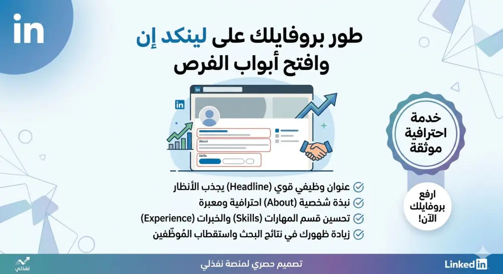 تحسين وتطوير بروفايل لينكد ان (LinkedIn) احترافي لزيادة فرص التوظيف والظهور الرقمي.