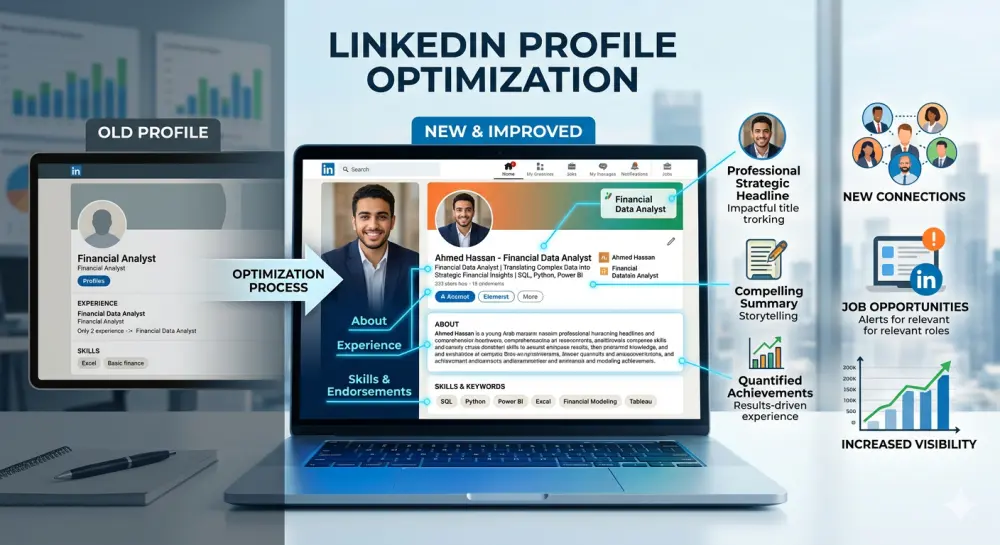 تحسين وتطوير بروفايل لينكد ان (LinkedIn) احترافي لزيادة فرص التوظيف والظهور الرقمي.
