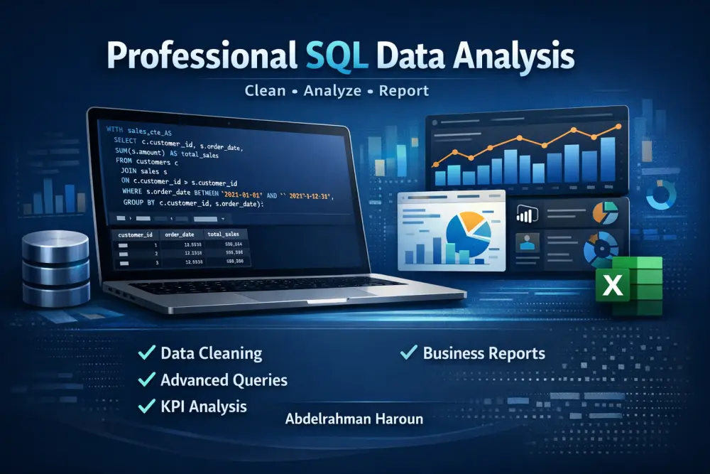 تحليل بيانات احترافي باستخدام SQL وإعداد تقارير أعمال متكاملة – استعلامات دقيقة، KPIs واضحة، ورؤى تدعم القرار