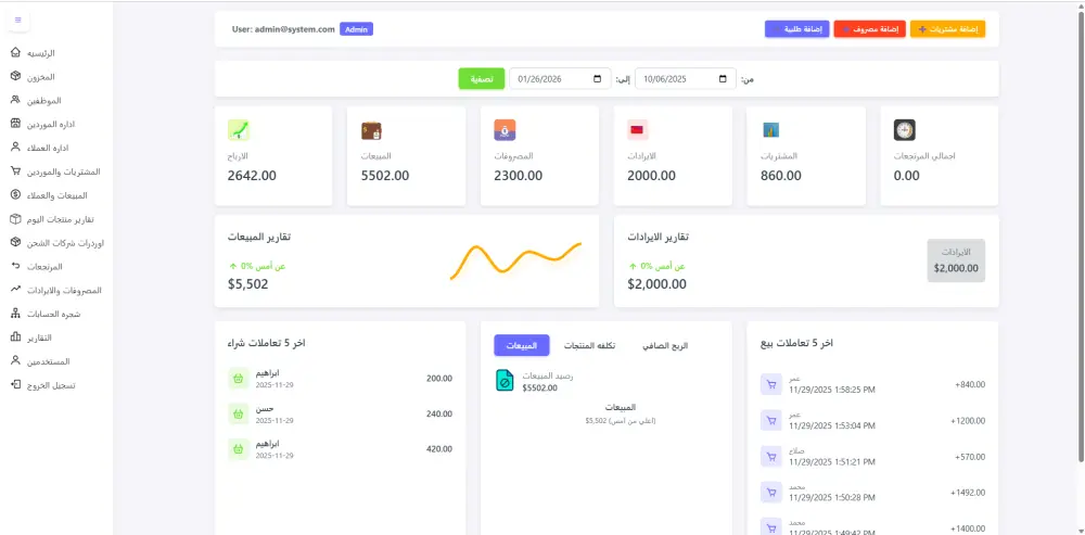 سيستم حسابات كامل لاداره المبيعات والعملاء والمشتريات والموردين والمصروفات والايرادات للشركات