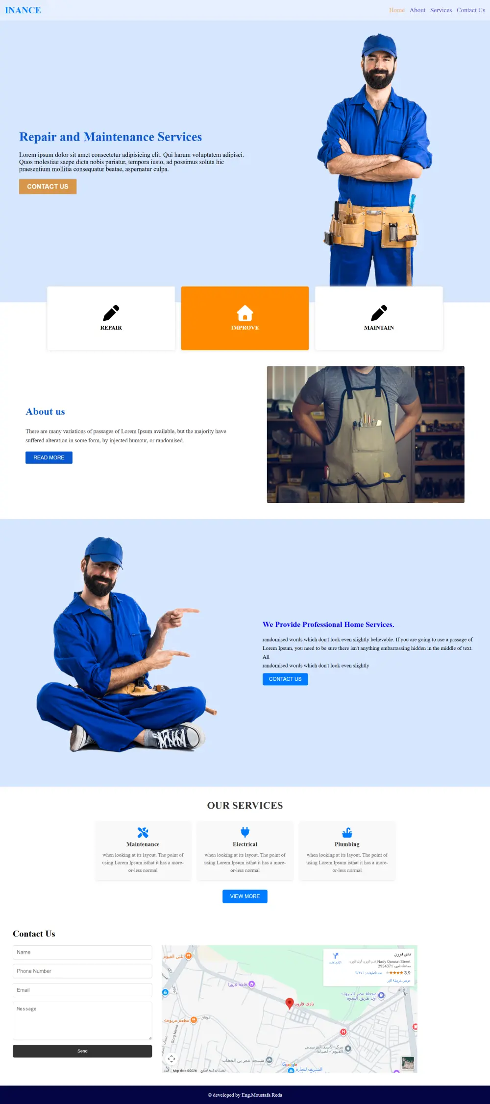 برمجة وتصميم موقع متكامل لخدمات الصيانة المنزلية (سباكة، كهرباء، صيانة عامة)