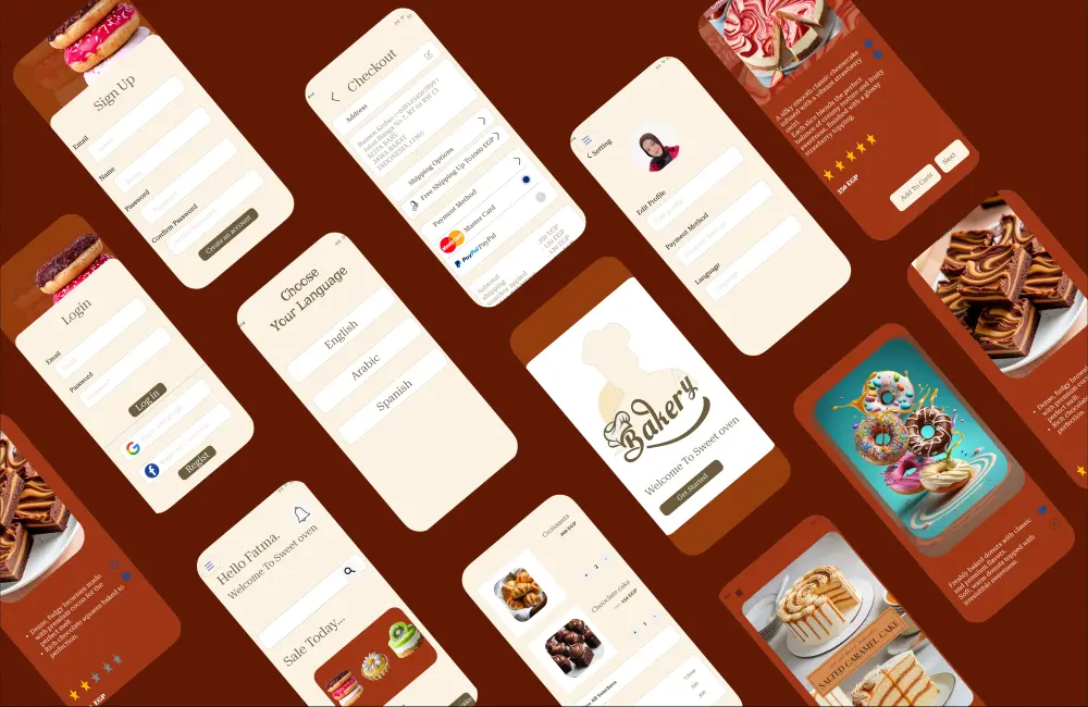 تصميم UI/UX احترافي لتطبيق مخبز "Sweet Oven" لطلب الحلويات والكيك