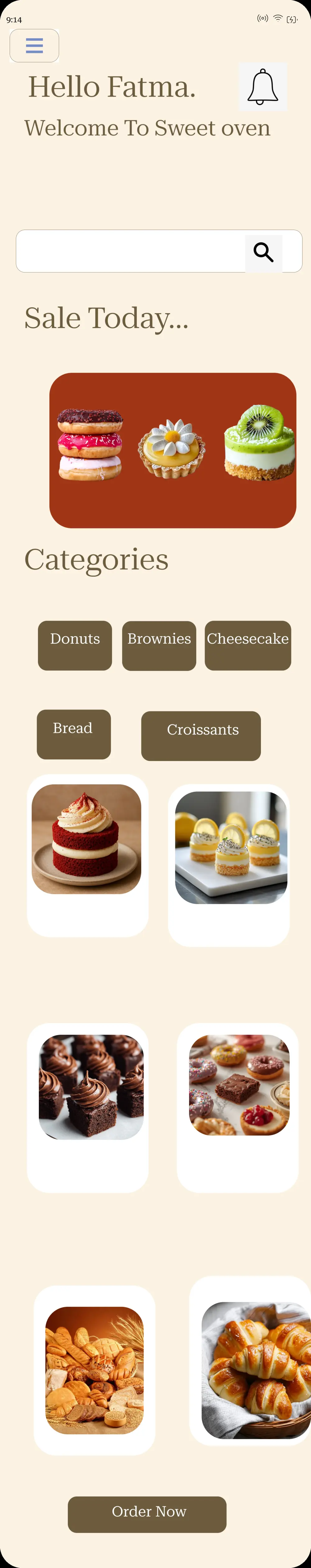 تصميم UI/UX احترافي لتطبيق مخبز "Sweet Oven" لطلب الحلويات والكيك