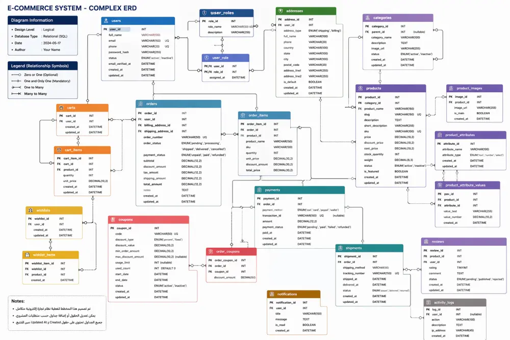 سأصمم قاعدة بيانات SQL احترافية مع العلاقات و ERD
