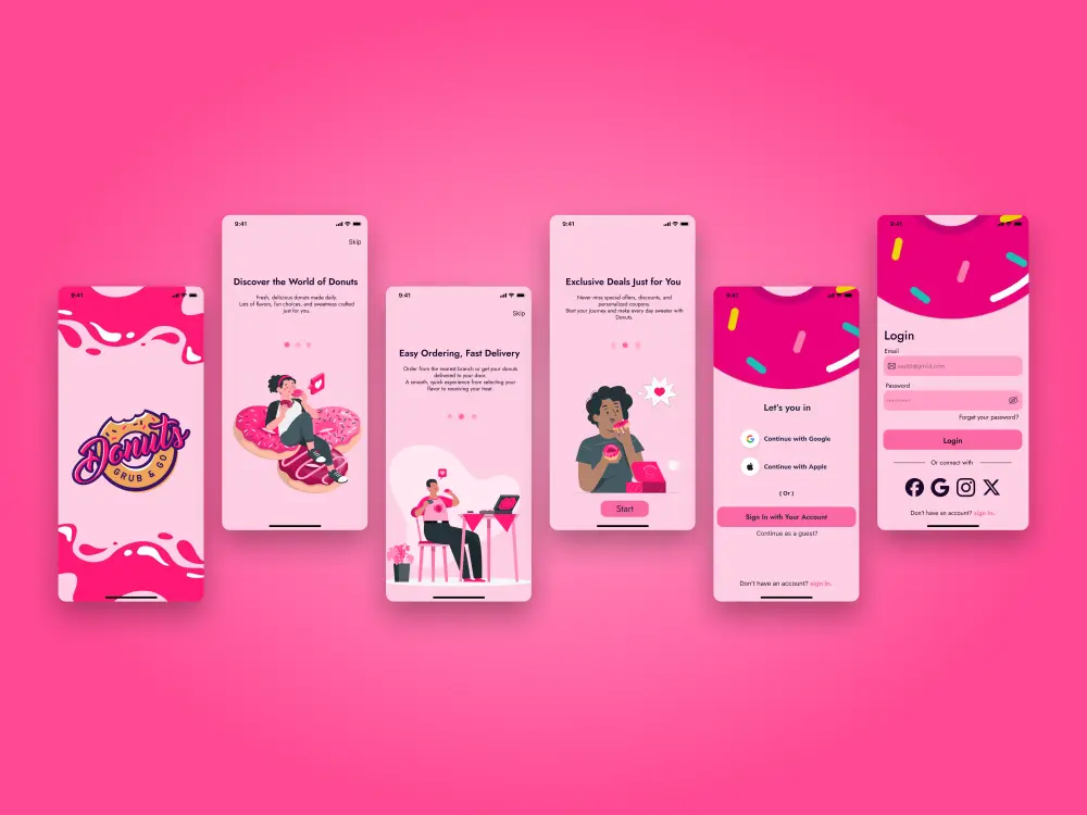 تصميم 5 شاشات احترافية لتطبيقك (Splash + Onboarding + Login) بأسلوب عصري وجذاب