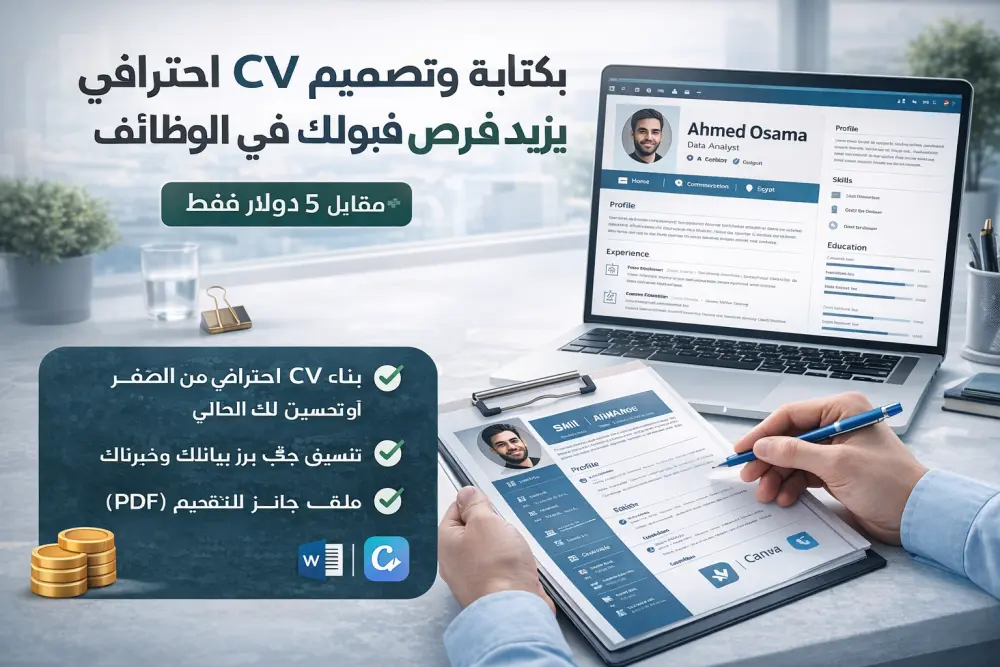 سأقوم بكتابة وتصميم CV احترافي يزيد فرص قبولك في الوظائف