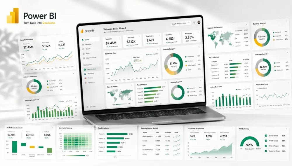 تصميم داشبورد احترافي تفاعلي عبر Power BI + تقارير تحليل بيانات