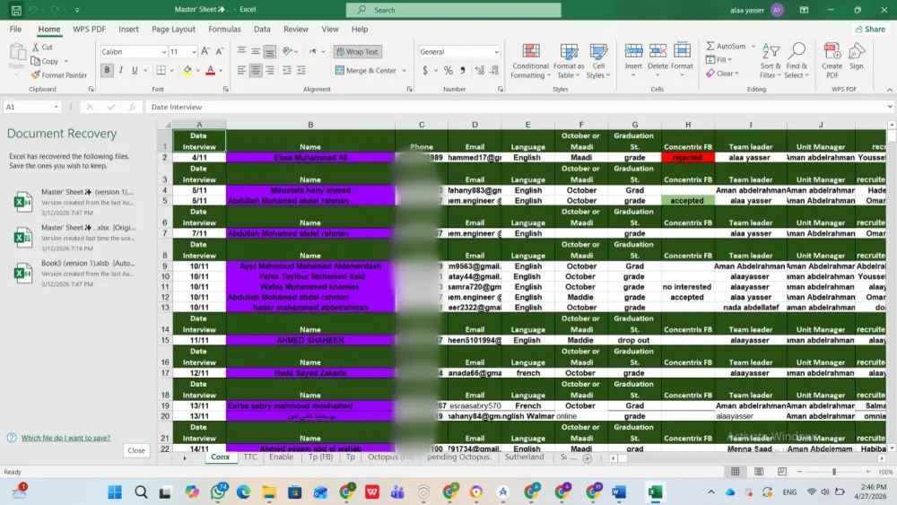 سأقوم بإدخال البيانات وتنظيمها بدقة عالية على Excel أو Word