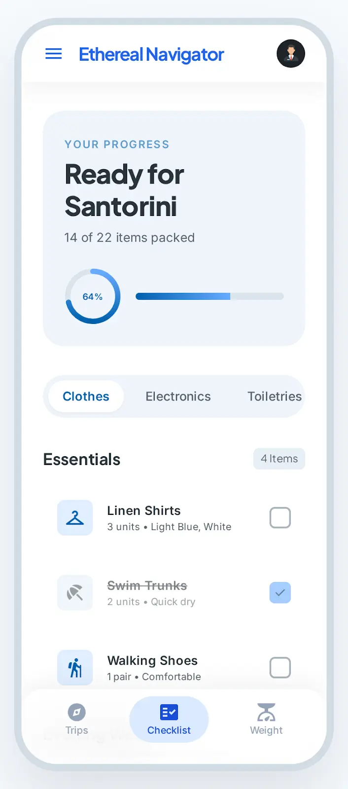 تصميم وتطوير احترافي لتطبيق سفر وتنظيم الشنطة (Travel Packing App) بأسلوب عصري