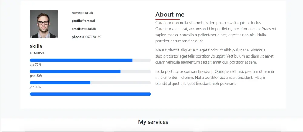 أقدم خدمة تصميم وتطوير موقع شخصي احترافي Portfolio يعرض مهاراتك وأعمالك بشكل جذاب. موقع عصري متجاوب مع جميع الأجهزة باستخدام Front-End. يتكون من 3 إلى 4 صفحات: الرئيسية، عنك، الأعمال، التواصل، وسهل الاستخدام لزيادة فرصك.