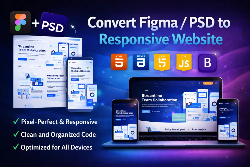 تحويل تصميم Figma أو PSD إلى موقع متجاوب باستخدام HTML CSS JavaScript و Bootstrap