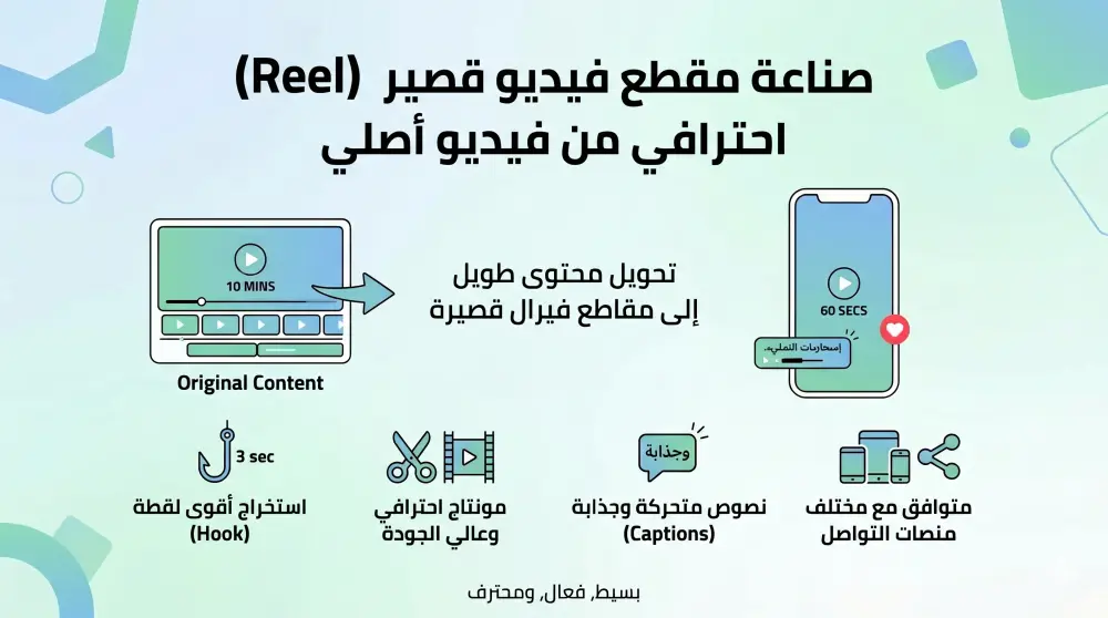 خدمة صناعة مقاطع فيديو قصيرة (Reels/TikTok) من محتوى طويل