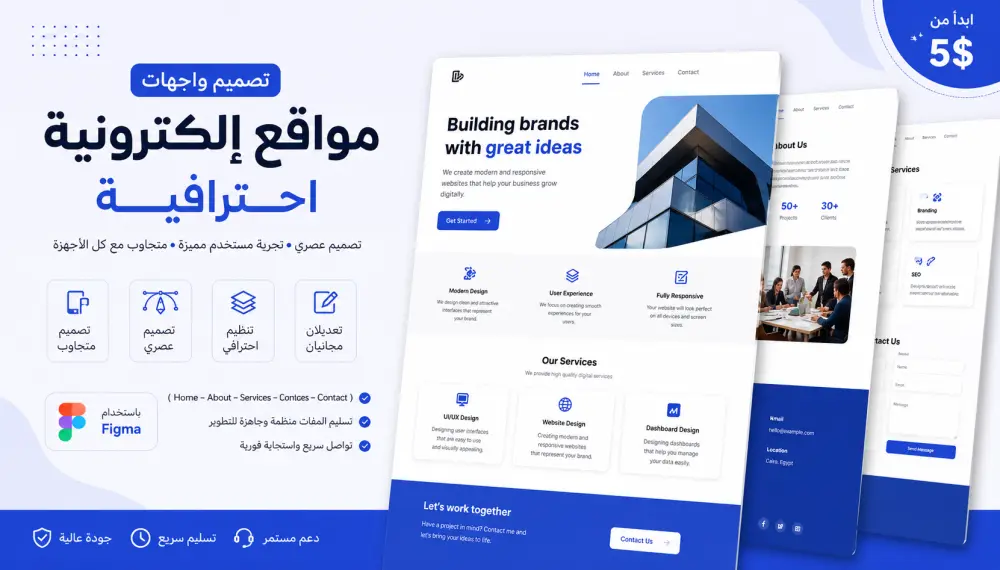 تشمل الخدمة تصميم واجهات موقع إلكتروني كامل (Home – About – Services – Contact) بشكل احترافي باستخدام Figma.