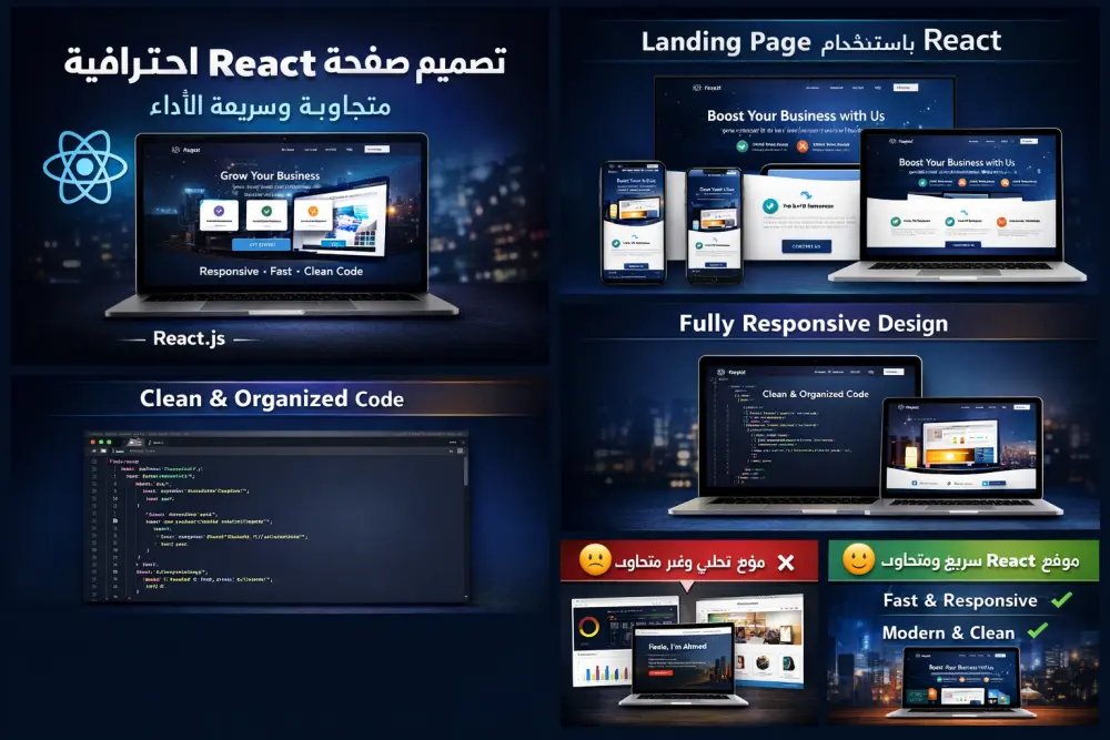 السلام عليكم , سأقوم بتصميم وتطوير صفحة ويب احترافية باستخدام React.js متجاوبة مع جميع الأجهزة وبكود منظم وسريع الأداء.