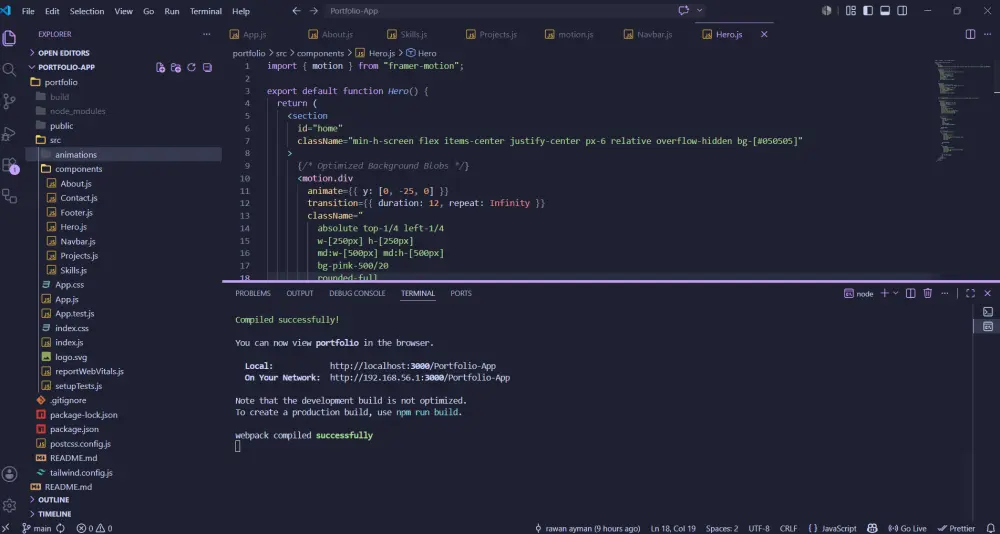برمجة وتطوير موقع تعريفي Portfolio احترافي باستخدام React