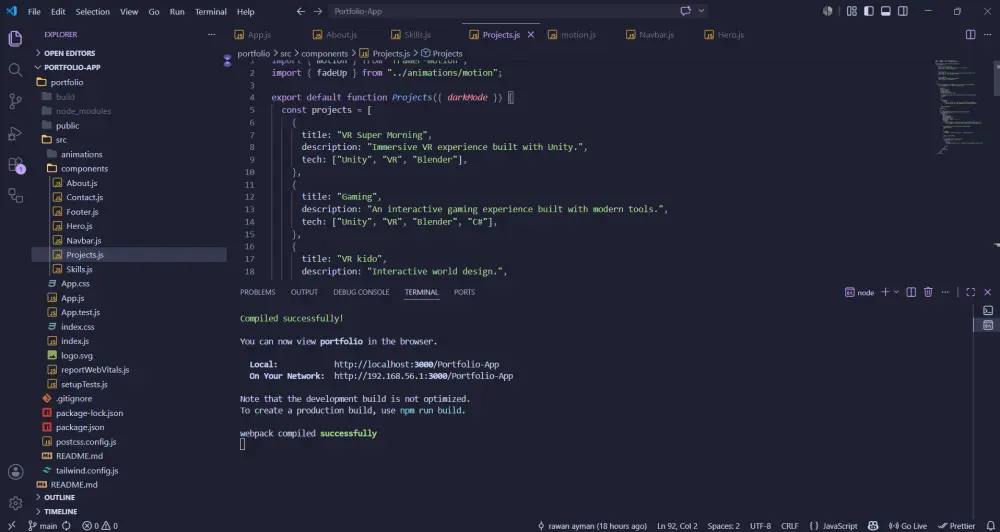 برمجة وتطوير موقع تعريفي Portfolio احترافي باستخدام React