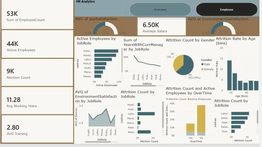 تصميم1 لوحة بيانات احترافية لتحليل بيانات الموارد البشرية (HR Analytics) تحتوي على جزئين, الجزئين مقابل 5 دولار.