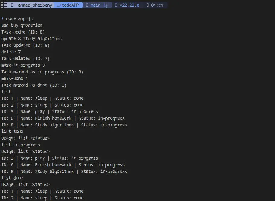 لستة مهام ليومك بnodejs وjson ك قاعدة بيانات