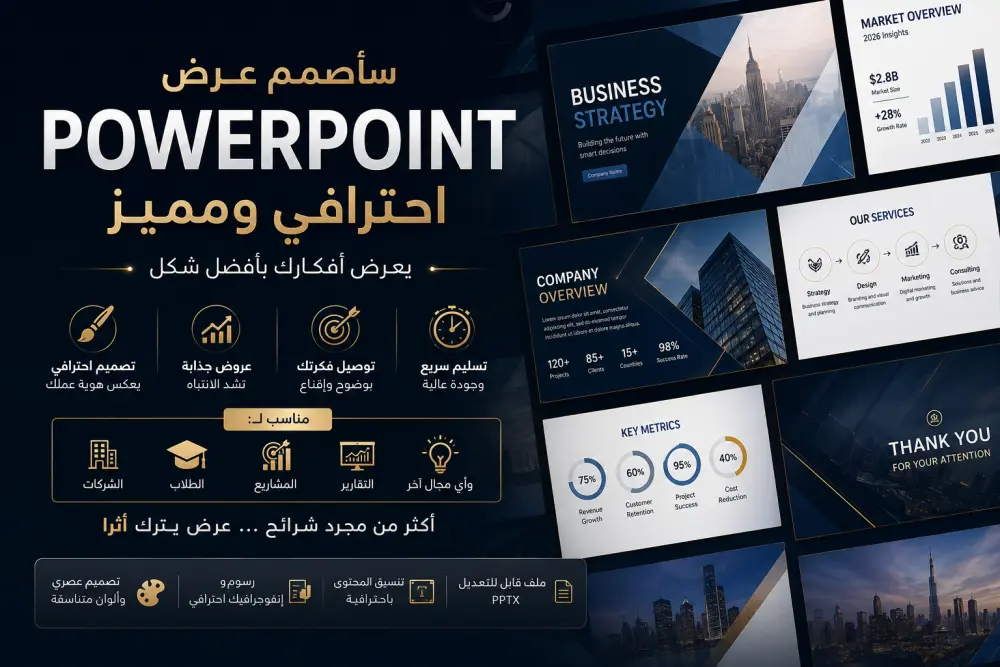 سأصمم عرض PowerPoint احترافي ومميز يعرض أفكارك بأفضل شكل