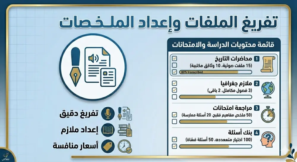 أقدم خدمة متكاملة للمدرسين وأصحاب السناتر تشمل تفريغ المحاضرات وإعداد الملازم والامتحانات بشكل منظم واحترافي على برنامج Word، مع تنسيق واضح يساعد الطلاب على الفهم والمراجعة بسهولة.