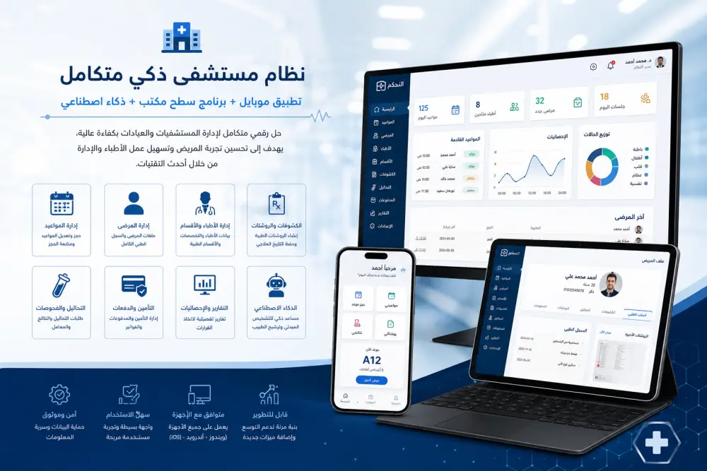 تطوير نظام مستشفى ذكي متكامل (Desktop + Mobile + AI)