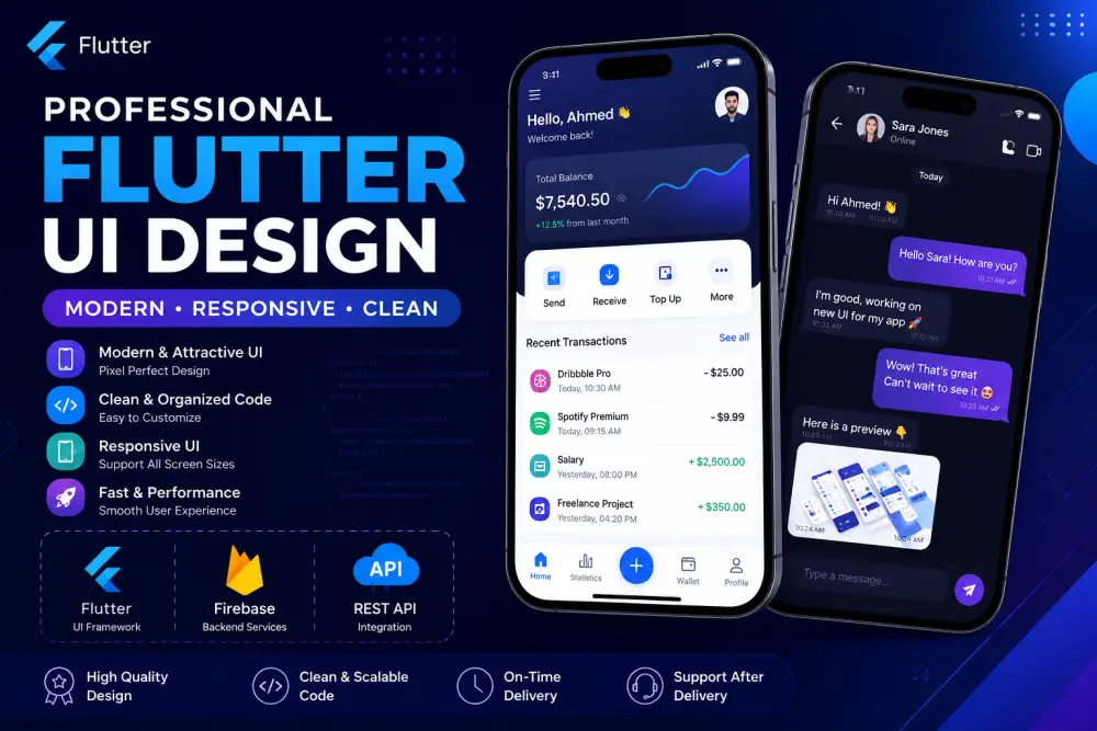 تصميم واجهات UI احترافية باستخدام Flutter لشاشة واحدة أو شاشتين بجودة عالية ومتجاوبة مع جميع الأجهزة، مع تصميم عصري مشابه للتطبيقات العالمية، كود نظيف وسهل التعديل، دعم Dark Mode وإضافة Animations احترافية مع تسليم السورس كود كامل.