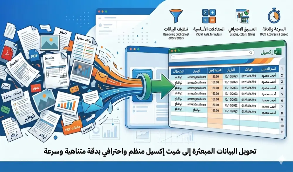 سأقوم بإدخال بياناتك وتنظيمها على Excel بدقة عالية واحترافية، مع تنسيق الجداول وتطبيق المعادلات البسيطة حسب احتياجك.