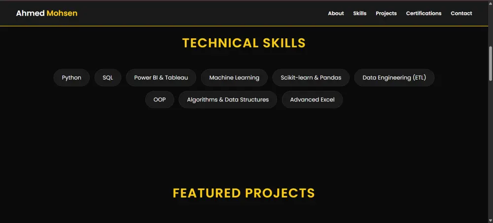أقدم لك موقع "بورتفوليو" احترافياً يتكون من صفحة واحدة رئيسية (One-Page Website) بنظام التمرير الذكي (Scrolling)، مقسمة إلىSections احترافية تشمل: