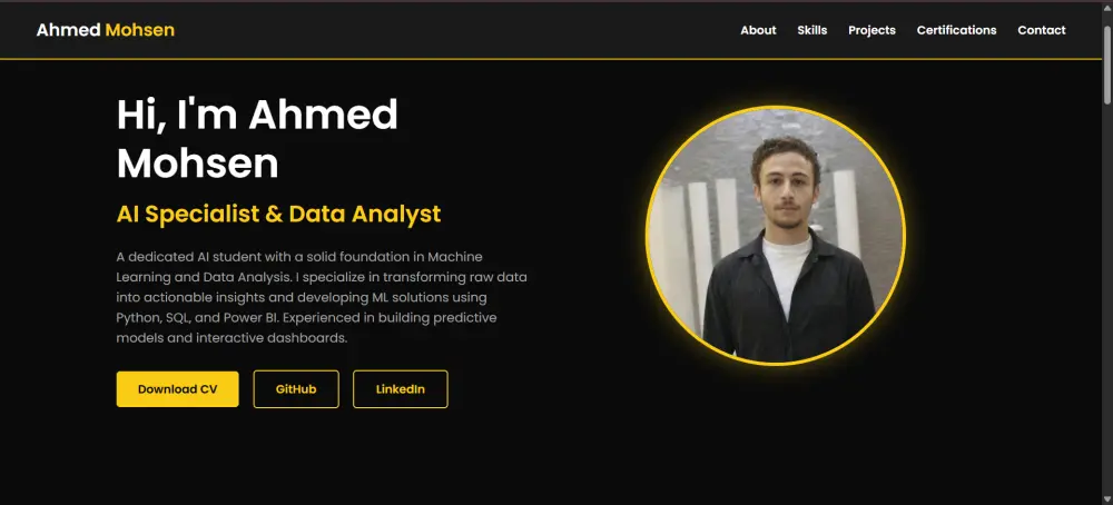 أقدم لك موقع "بورتفوليو" احترافياً يتكون من صفحة واحدة رئيسية (One-Page Website) بنظام التمرير الذكي (Scrolling)، مقسمة إلىSections احترافية تشمل: