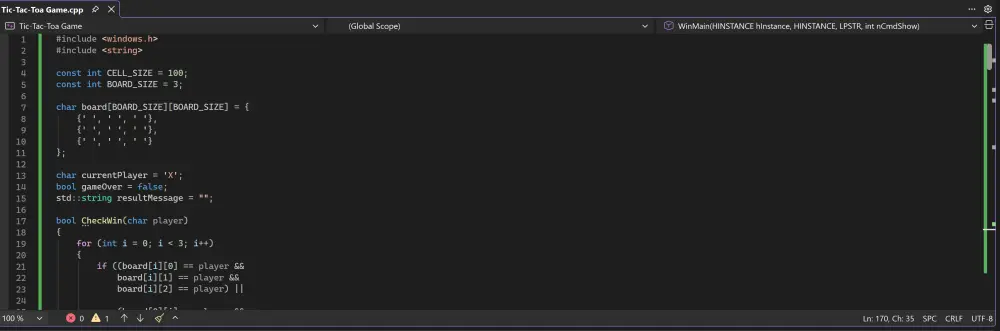 سأقوم بتطوير لعبة Tic-Tac-Toe بلغة C++ مع واجهة رسومية باستخدام Windows API