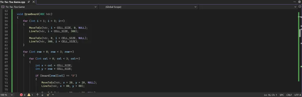 سأقوم بتطوير لعبة Tic-Tac-Toe بلغة C++ مع واجهة رسومية باستخدام Windows API