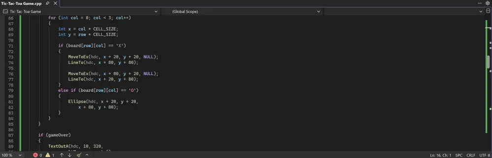 سأقوم بتطوير لعبة Tic-Tac-Toe بلغة C++ مع واجهة رسومية باستخدام Windows API