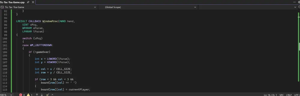سأقوم بتطوير لعبة Tic-Tac-Toe بلغة C++ مع واجهة رسومية باستخدام Windows API