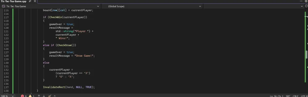سأقوم بتطوير لعبة Tic-Tac-Toe بلغة C++ مع واجهة رسومية باستخدام Windows API