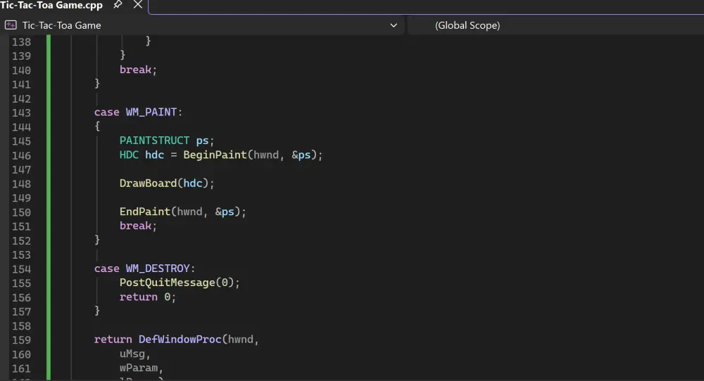 سأقوم بتطوير لعبة Tic-Tac-Toe بلغة C++ مع واجهة رسومية باستخدام Windows API