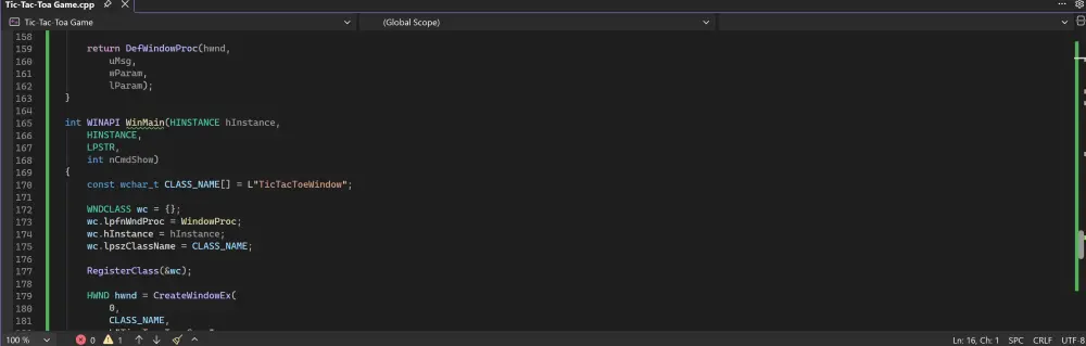 سأقوم بتطوير لعبة Tic-Tac-Toe بلغة C++ مع واجهة رسومية باستخدام Windows API
